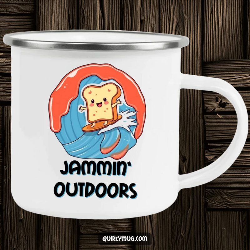 Funny camping mug showing a toast character surfing a jam wave, ready for adventure and morning brews, perfect for outdoor humor.