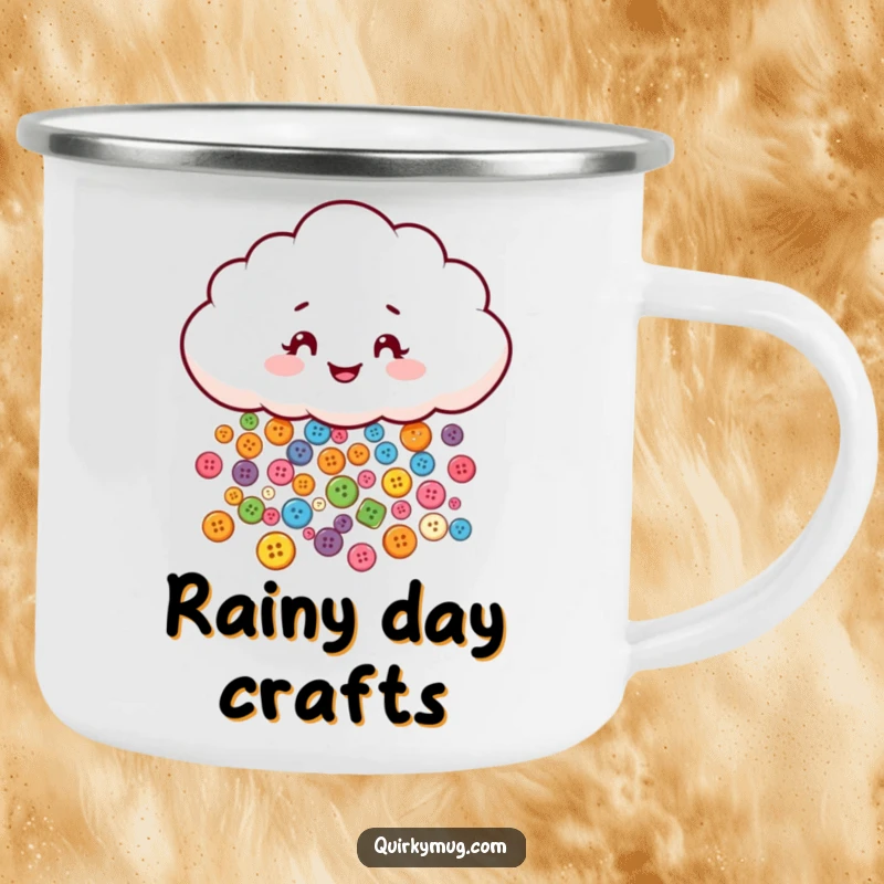 Funny camping mug with a mischievous cloud character playfully raining tiny, colorful buttons, built for adventure.