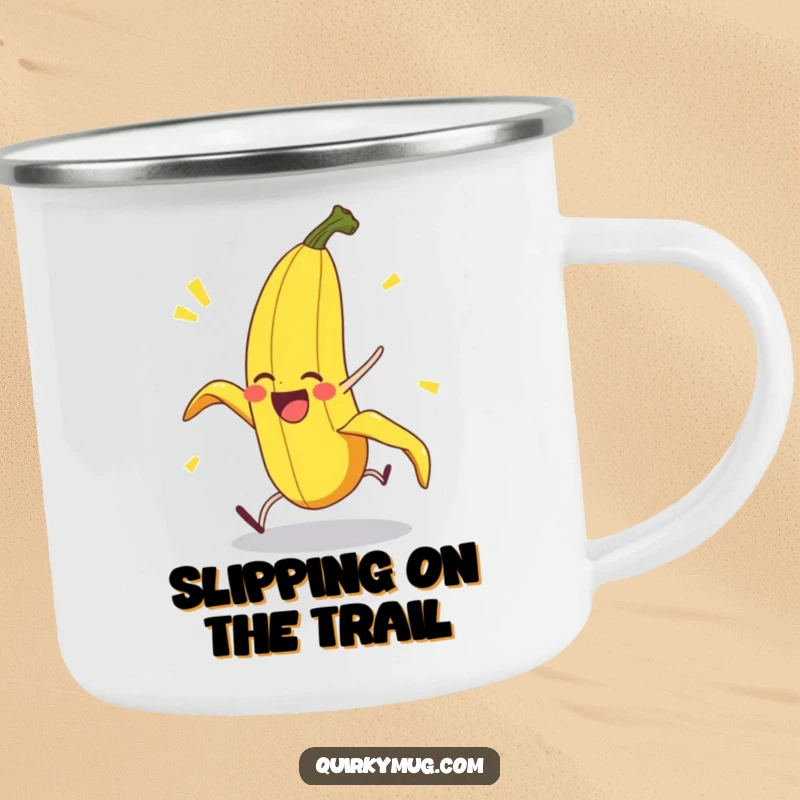 Funny Banana Peel Camping Mug: An enamel mug featuring a delighted banana peel character in a comical pratfall, ready for outdoor laughs.