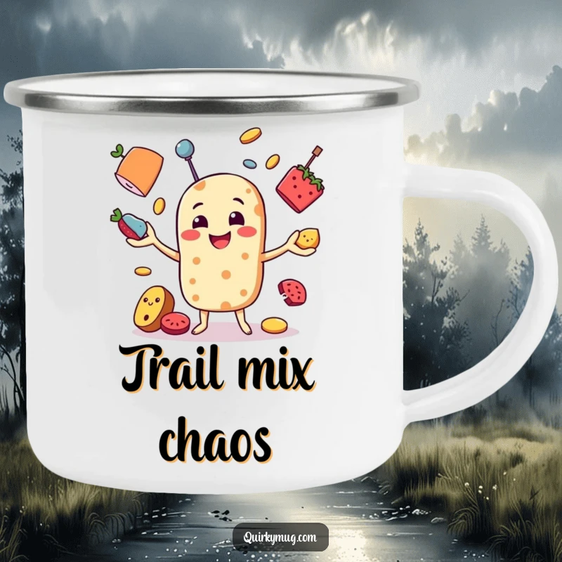 Funny camping mug featuring a food character comically juggling objects, designed for outdoor adventures and humorous enjoyment.