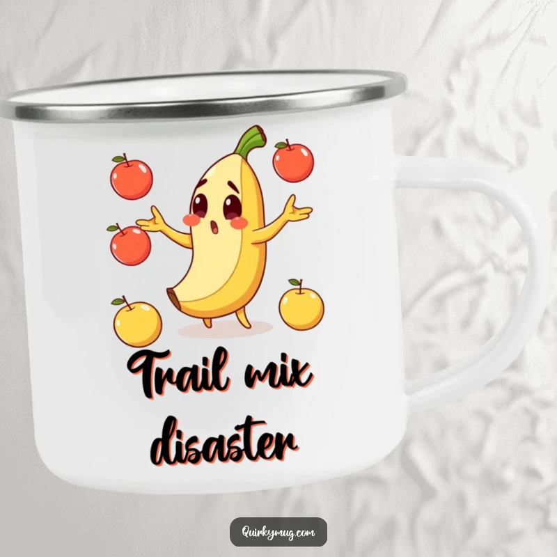 Funny camping mug showing a surprised banana character slipping on its peel while juggling apples.