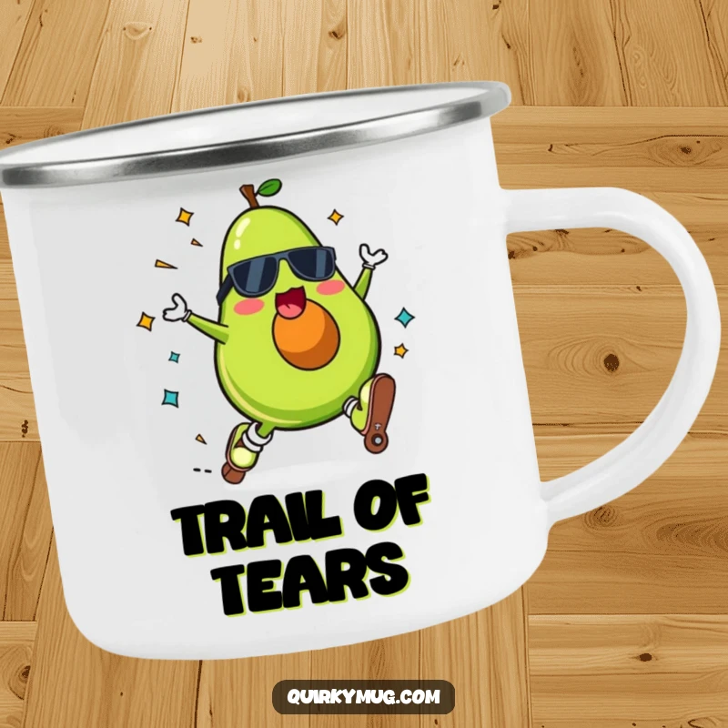 Funny Kawaii avocado character on a camping mug, roller skating and falling spectacularly with a surprised expression.
