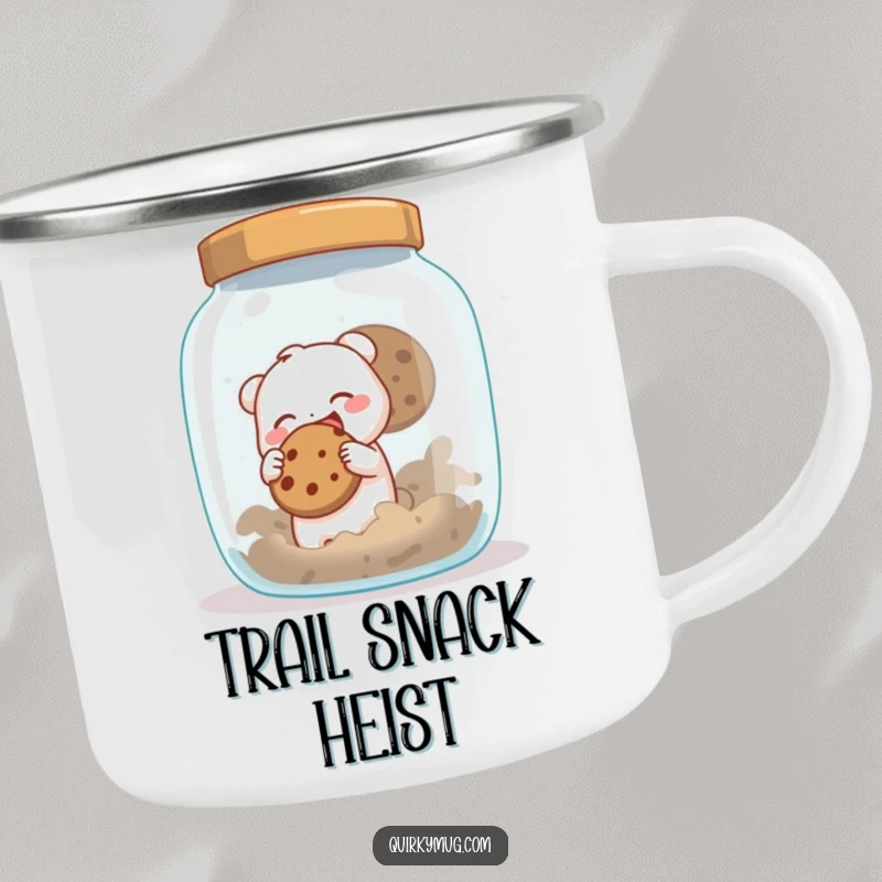 Funny camping mug showing a tiny creature gleefully trying to swipe a cookie from a massive cookie jar, ready for outdoor mischief.