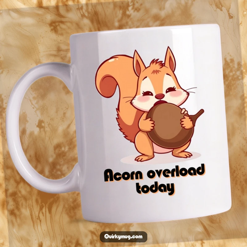 Funny surprised squirrel character with bulging cheeks, accidentally swallowing a comically large acorn, looking shocked.