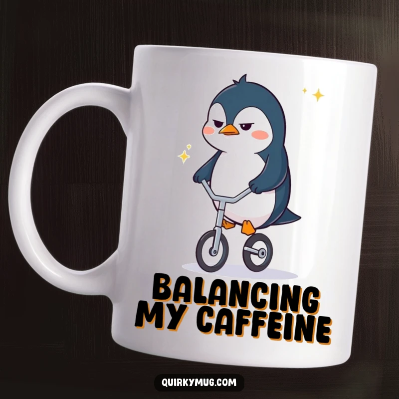 Funny determined penguin character with a frown, struggling to balance on a comically tiny unicycle, showing grit.