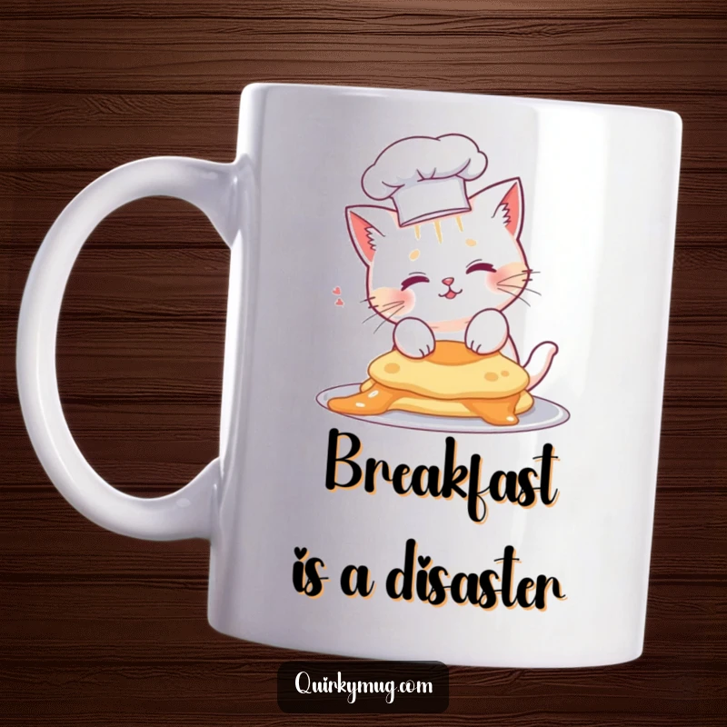 Funny cat chef mug, cute feline in a tiny hat, accidentally flipping a pancake onto its own head.