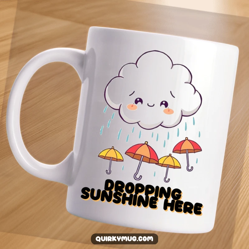 Funny mug showcasing a mischievous cloud character delightfully raining down miniature, smiling umbrellas, bringing unexpected joy to a rainy day.