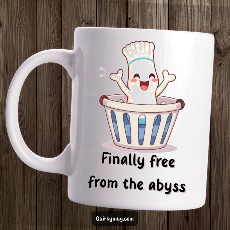 Funny sock character giggling with joy, hopping out of a laundry basket, perfect for a funny gift.