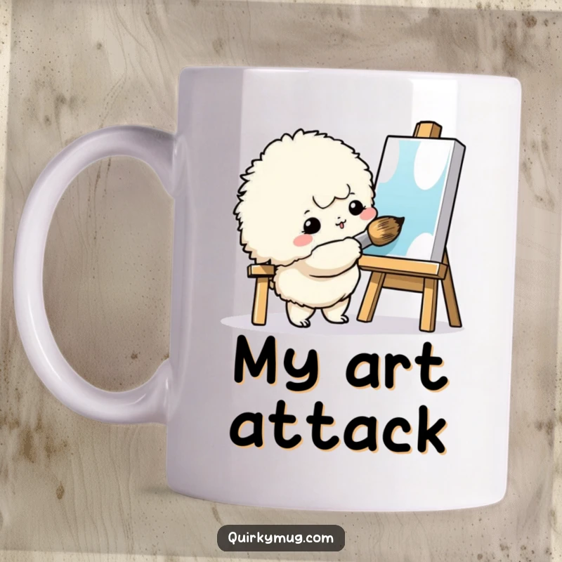 Funny Art Creature Mug: A small fluffy creature enthusiastically painting with a giant brush, a humorous gift for creators.