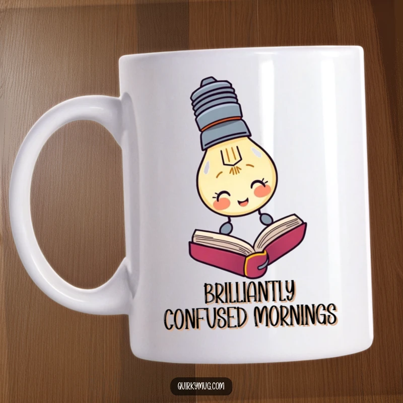 Funny mug showing a lightbulb character struggling to read a book held upside down.