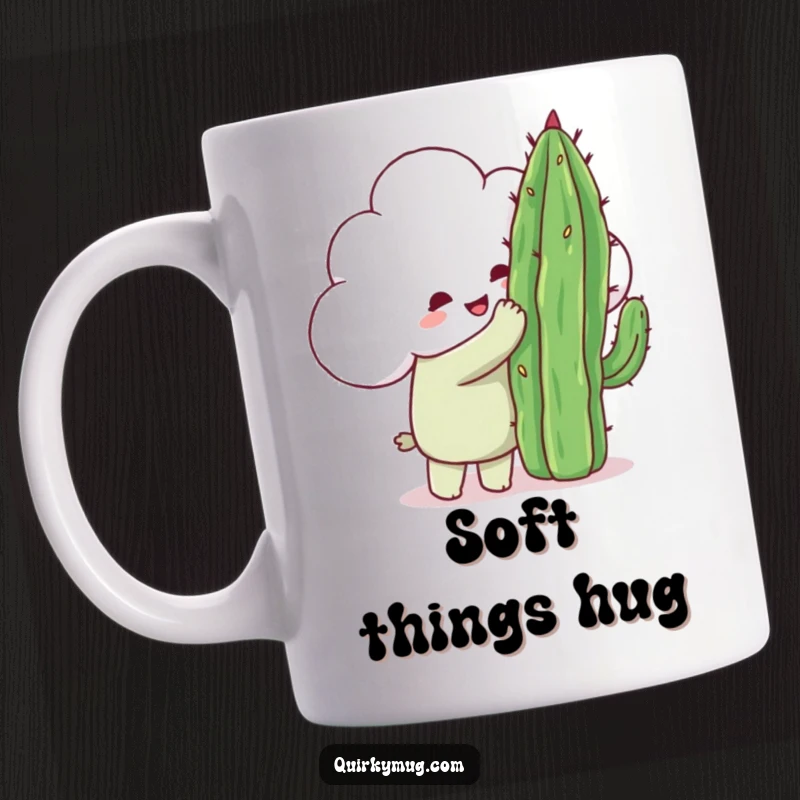 Funny happy cloud character attempting to hug a very pointy cactus, creating a charmingly awkward scene on a mug.