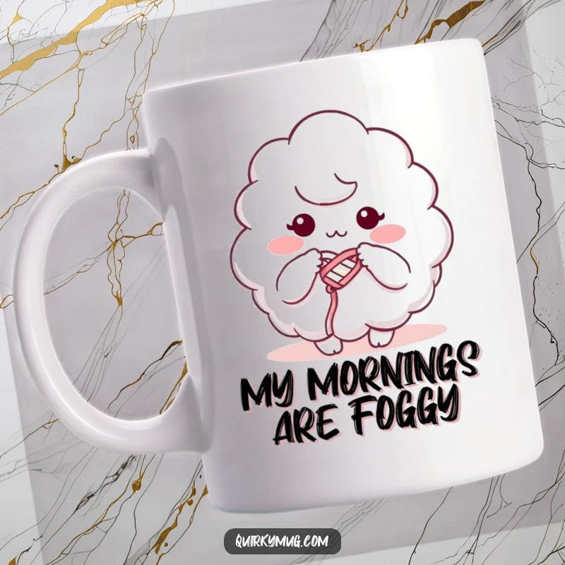 Funny mug showing a fluffy cloud character attempting to knit using its own generated mist, looking slightly confused.