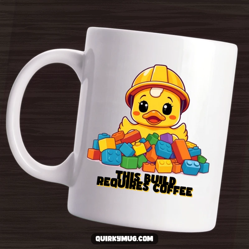 Funny construction helmet rubber ducky surprised by LEGOs, a humorous and relatable design for a quirky mug.