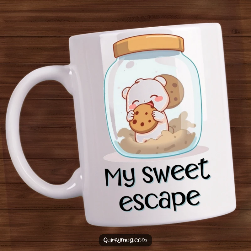 Funny mug featuring a tiny creature gleefully reaching for a massive cookie jar, embodying pure, unadulterated cookie lust.