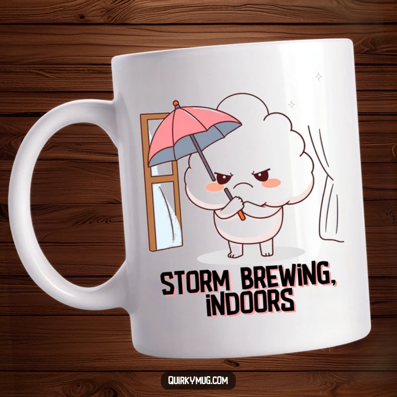 Funny mug with a grumpy cloud character holding a miniature umbrella inside, symbolizing ironic self-protection and bad moods.
