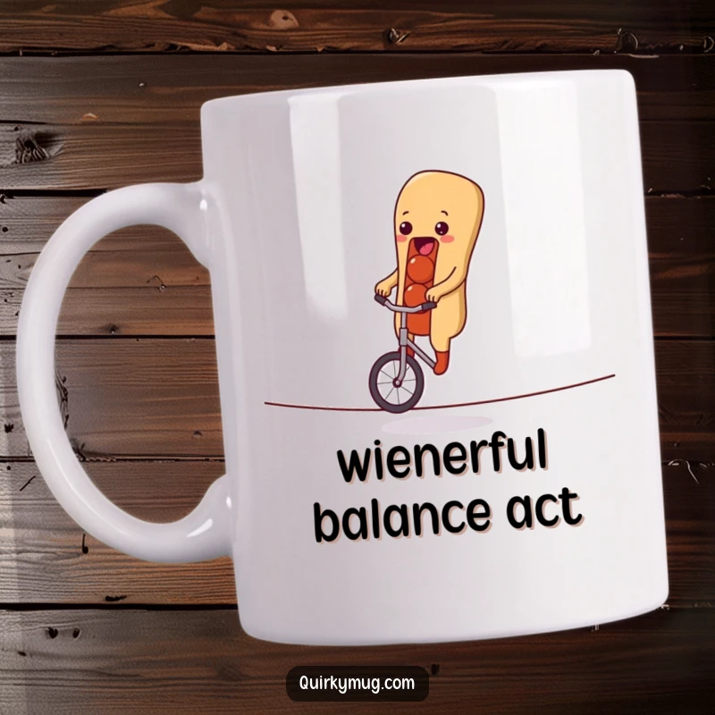 Funny mug showcasing a cheerful hot dog character bravely balancing on a unicycle atop a tightrope, full of playful determination.