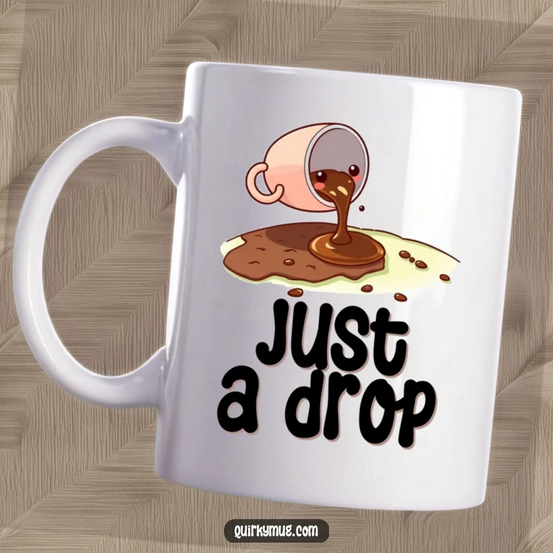 Funny Kawaii coffee cup character spilling a tiny amount of coffee on a vast landscape on a mug, looking slightly embarrassed.