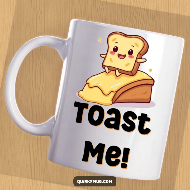 Funny Kawaii toast character joyfully sliding down a slippery buttered ramp on this cheerful mug.