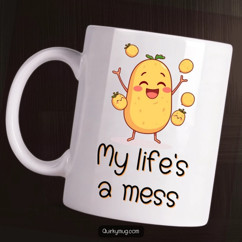 Funny mug showcasing a clumsy potato character with a determined yet wobbly expression, joyfully juggling three tiny potatoes in a comical attempt.