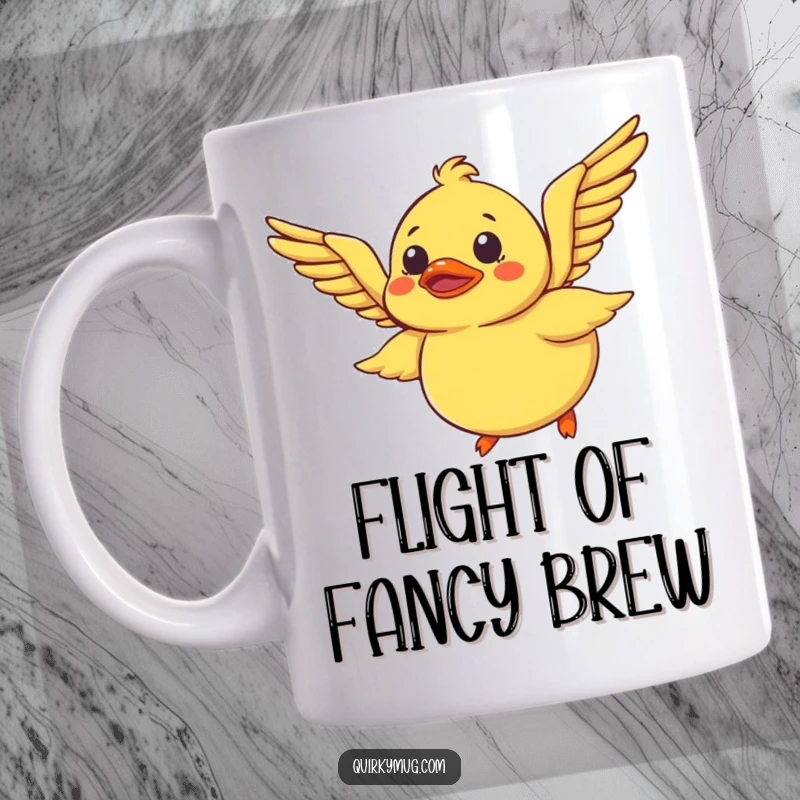 Funny Rubber Duck Mug: A bewildered rubber duck tries to fly with its wings, a humorous and relatable design for coffee lovers.