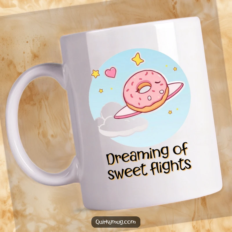 Funny mug showing a sleepy doughnut character happily dreaming of flying through the sky, symbolizing sweet escape.