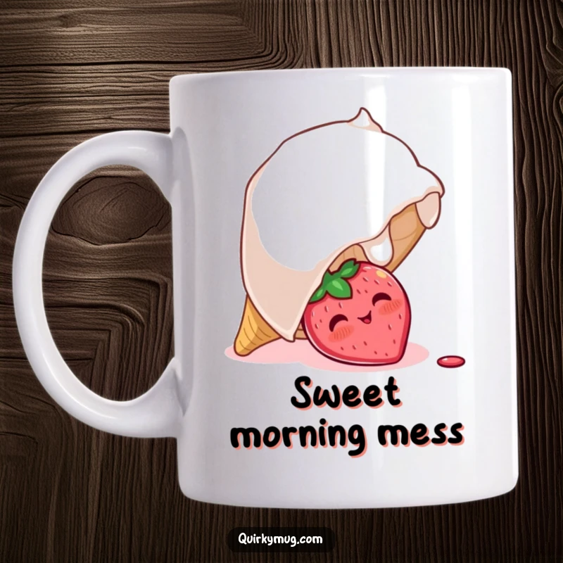 Funny mug featuring a blushing strawberry character peeking out shyly from beneath a large, overturned ice cream cone, looking adorable and flustered.