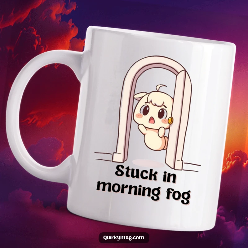 Funny mug featuring a surprised character comically stuck in a tiny doorway, capturing a moment of humorous predicament.