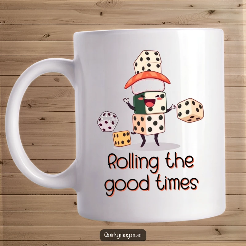 Funny mug showing a cheerful sushi character joyfully juggling a tall stack of oversized dice, symbolizing luck and fun.