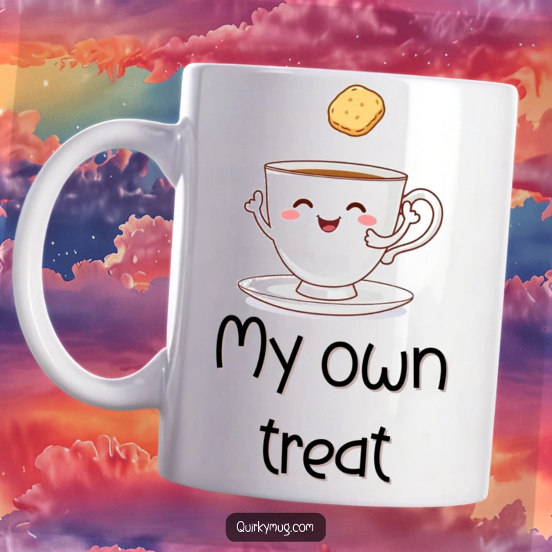 Funny cheerful teacup with arms lifting a floating biscuit towards its own rim, whimsical and humorous.