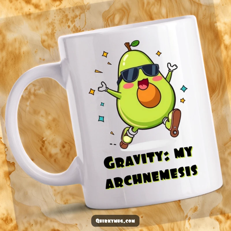 Funny Kawaii avocado character on a mug, roller skating and falling spectacularly with a surprised expression.