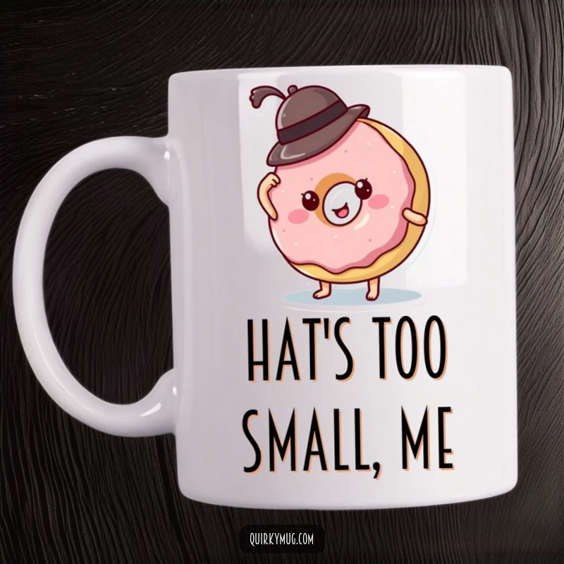 Funny donut character's hat falling off its head in a comical, relatable moment. A whimsical illustration for a mug.