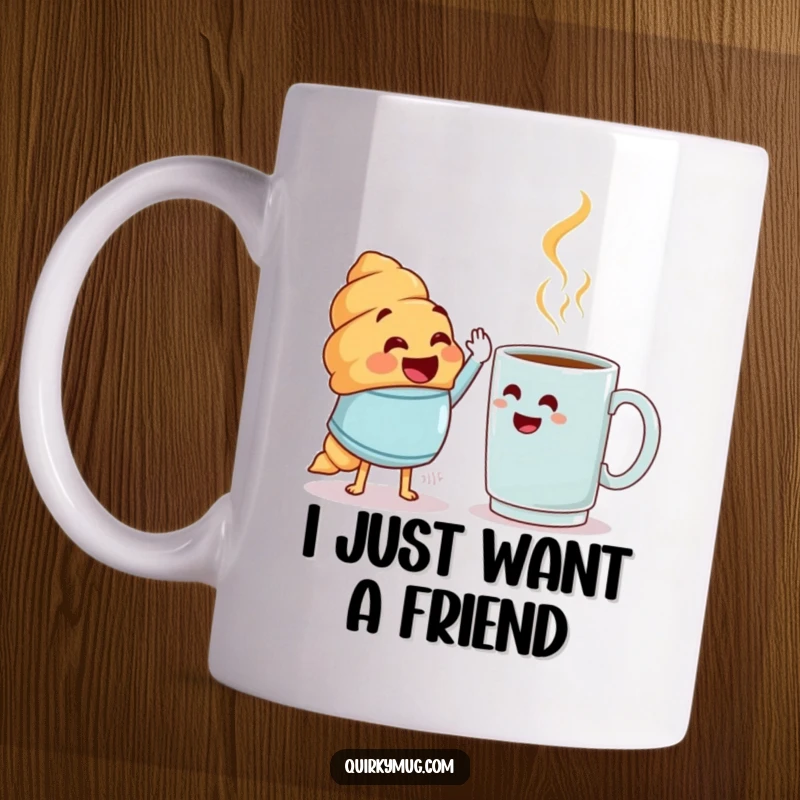 Funny joyful croissant high-fiving a bewildered coffee mug, ceramic mug, perfect funny gift.