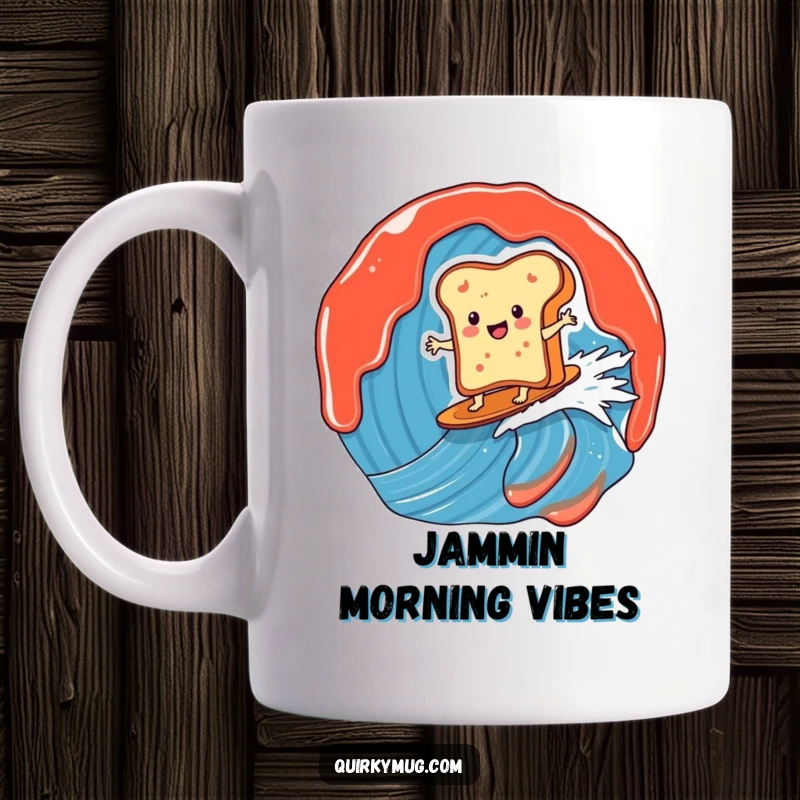 Funny mug featuring a smiling toast character joyfully surfing a massive wave of vibrant jam, capturing a moment of pure, silly fun.