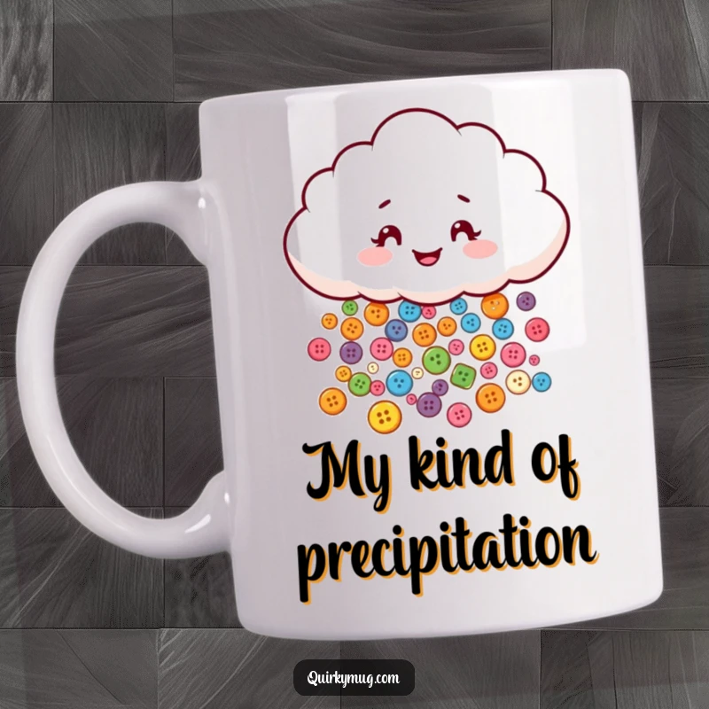 Funny mug featuring a mischievous cloud character playfully raining a cascade of tiny, colorful buttons, evoking joy and whimsy.