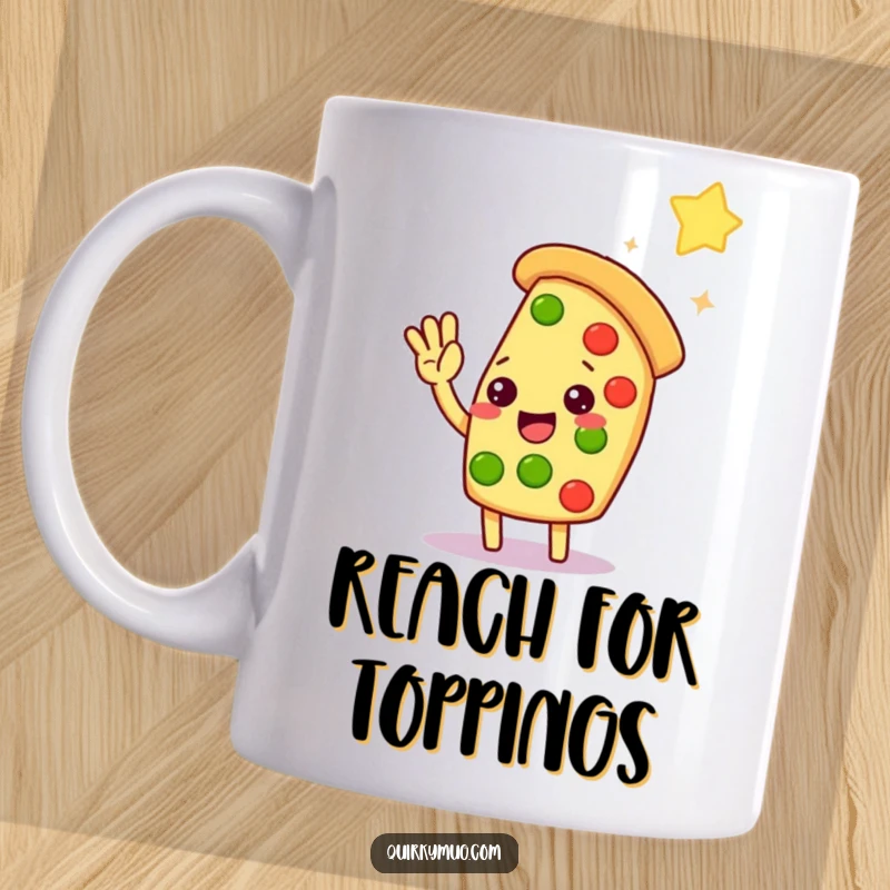 Funny Kawaii pizza slice character stretching for a high-five with a very distant star on this humorous mug.
