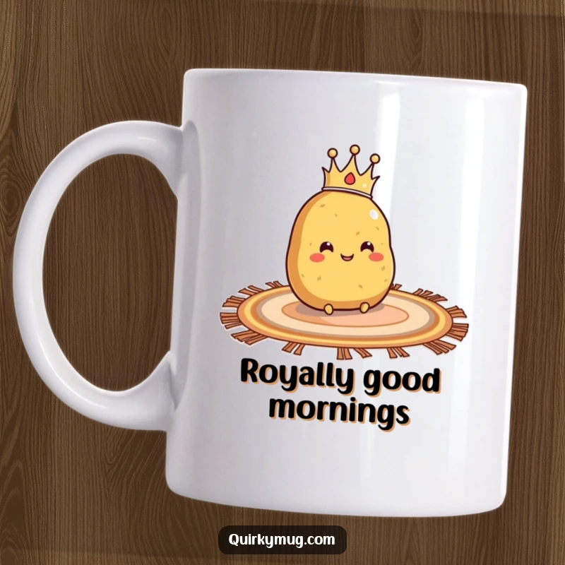 Funny mug of a smiling potato wearing a tiny crown, joyfully sliding across a rug.
