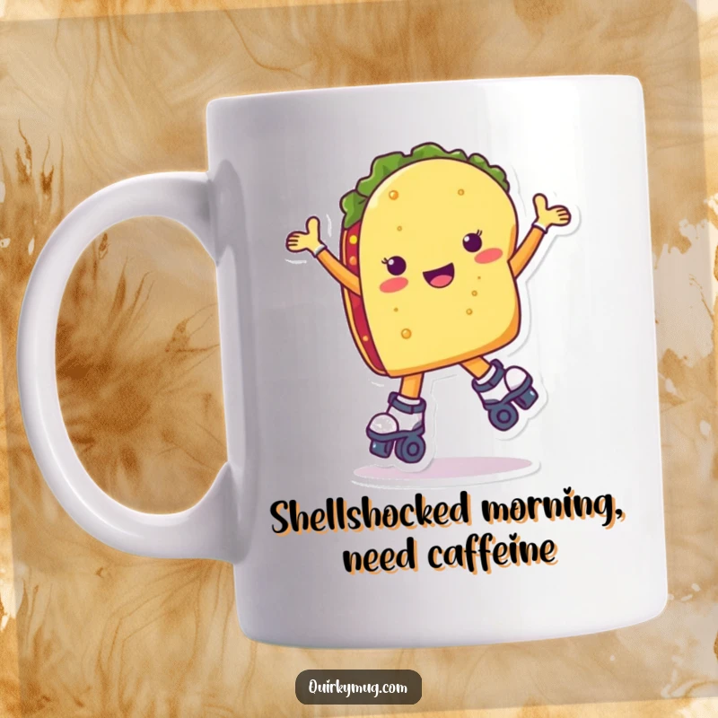 Funny taco character awkwardly roller skating, arms flailing in comedic panic on a white background.