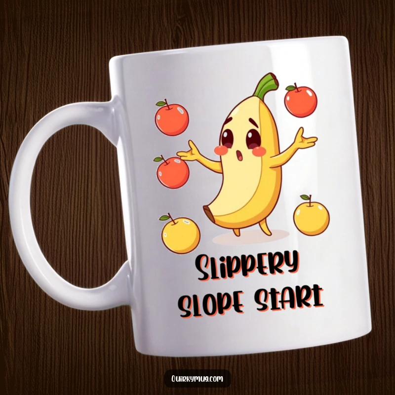 Funny mug showing a surprised banana character slipping on its peel while comically juggling apples.
