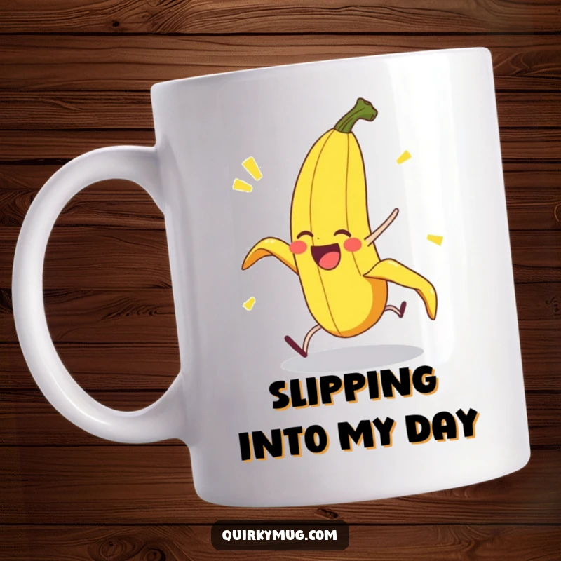 Funny Banana Peel Mug: A delighted banana peel character executes a dramatic and exaggerated pratfall, embodying cartoonish slapstick humor.