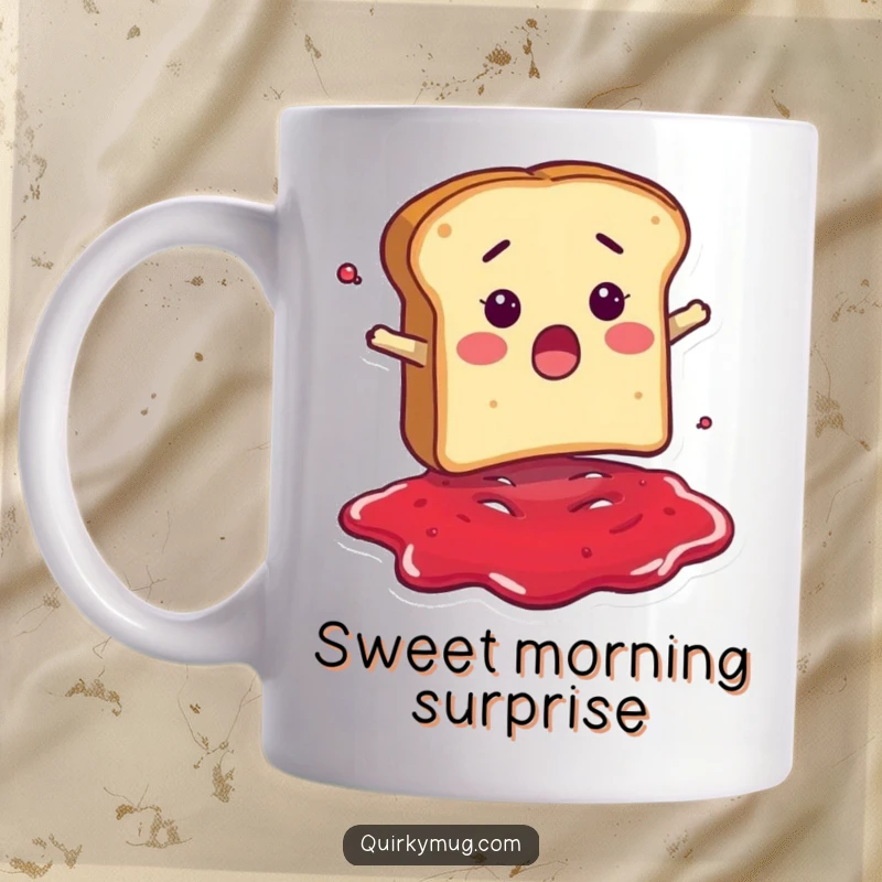 Funny mug depicting a surprised bread slice character comically falling headfirst into a sticky puddle of bright red jam.