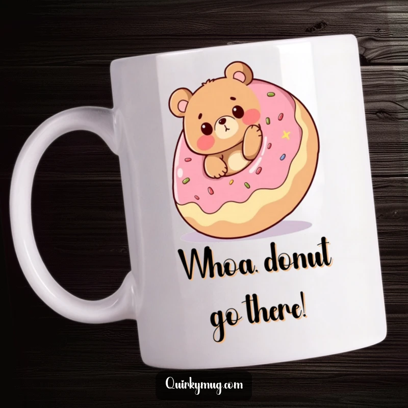 Funny mug: Cheerful bear character hilariously tripping over a giant rolling donut, eyes wide with surprise, a perfect gift.