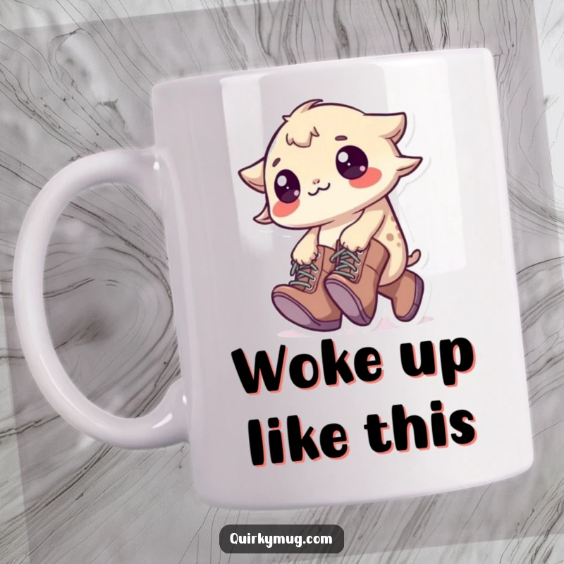 Funny Tripping Creature Mug: A small creature with oversized boots tripping comically over its own feet, a humorous gift.