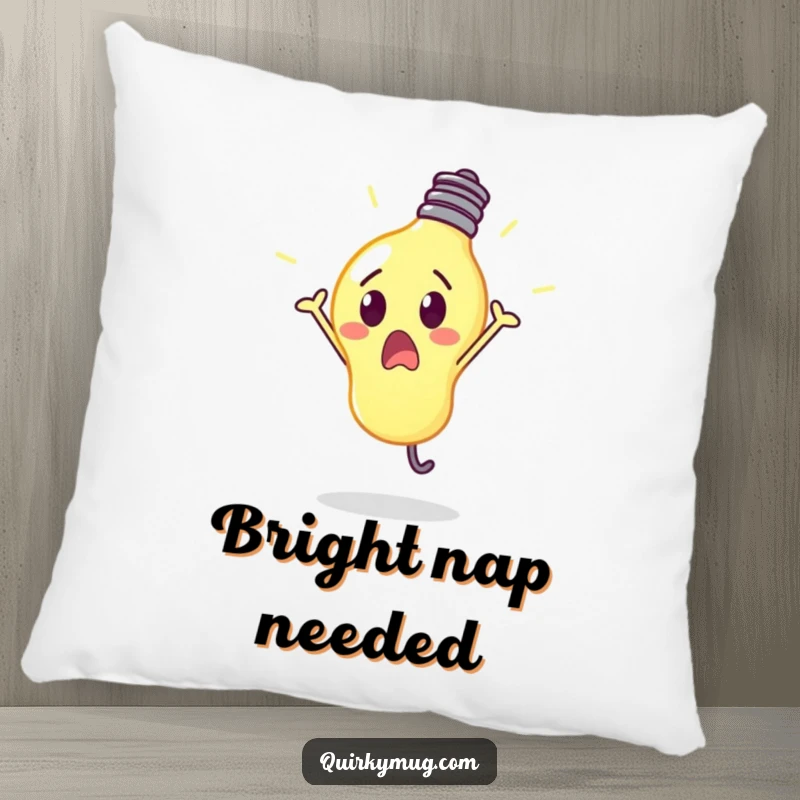 Funny lightbulb character glowing brightly while mid-cartwheel, a cheerful and comfortable pillow design.
