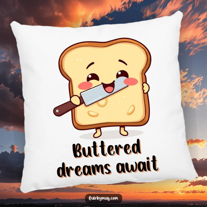 Funny pillow showing a delighted slice of toast attempting to butter itself with a rogue butter knife.