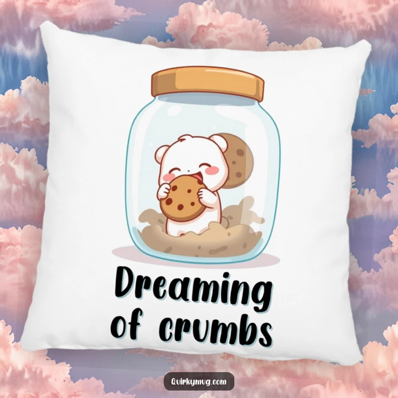 Funny pillow showcasing a tiny creature gleefully trying to sneak a cookie from an oversized cookie jar, a soft spot for sweet desires.