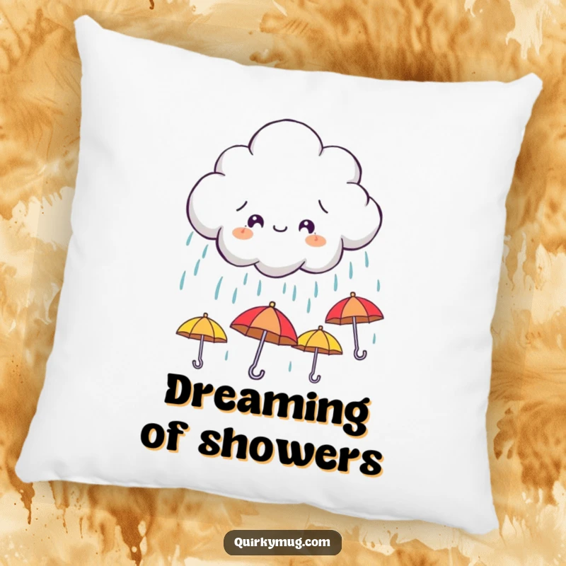 Funny pillow featuring a mischievous cloud character raining down tiny, smiling umbrellas, offering comfort with a dose of whimsical humor.