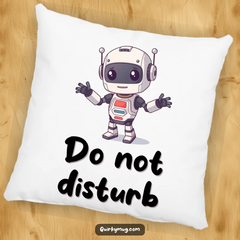 Funny Pillow featuring a curious robot with limbs everywhere during a dance, providing cozy humor for any room.