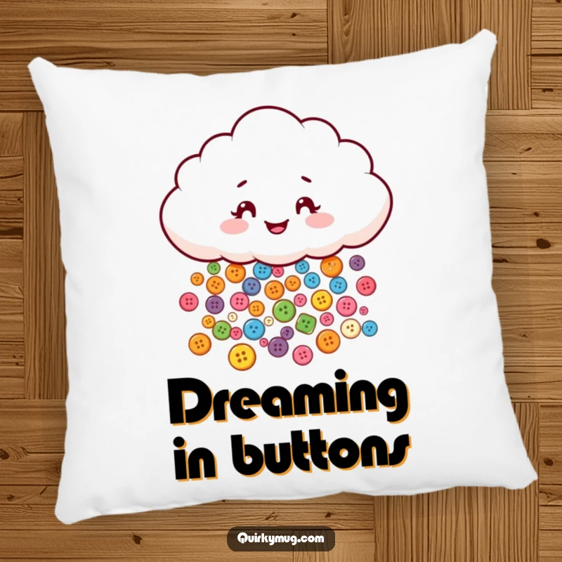 Funny pillow featuring a cute mischievous cloud character playfully raining tiny, colorful buttons, perfect for cozying up.