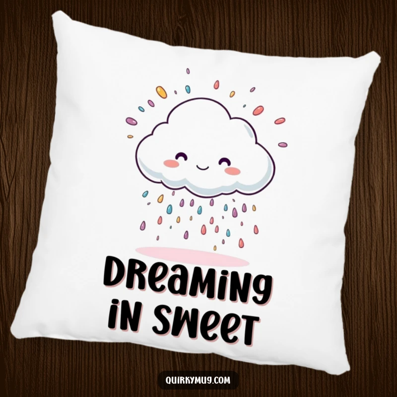 Funny cloud character showering sprinkles, printed on a soft, decorative pillow.