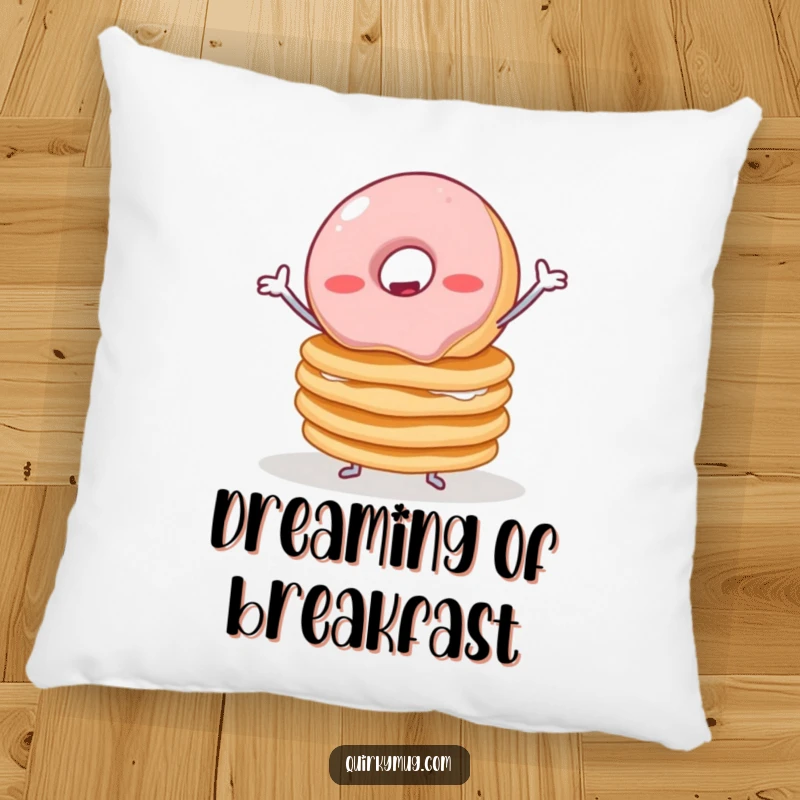 Funny pillow featuring a wobbly jelly donut with small arms attempting to balance a tall stack of pancakes, offering comfort with humor.